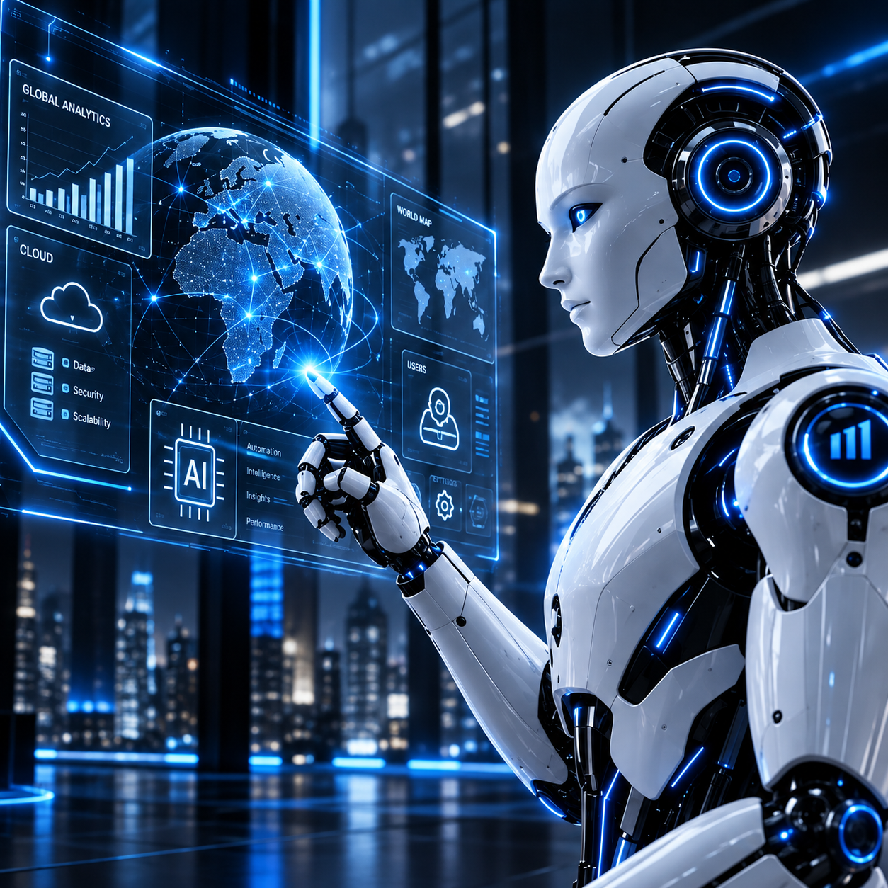 Matrix360 AI robot interacting with a live global data dashboard showing analytics, cloud, and network connections